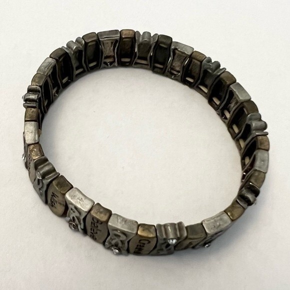 Two Vintage Bracelets Mixed Metal Inspirational Word Charm Beaded Elastic Cuffs - Picture 8 of 9